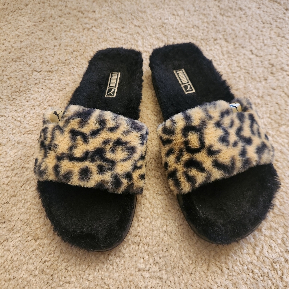 Womens Puma Leadcat Fluffy Safari Cheetah Print Black Slides Size 6